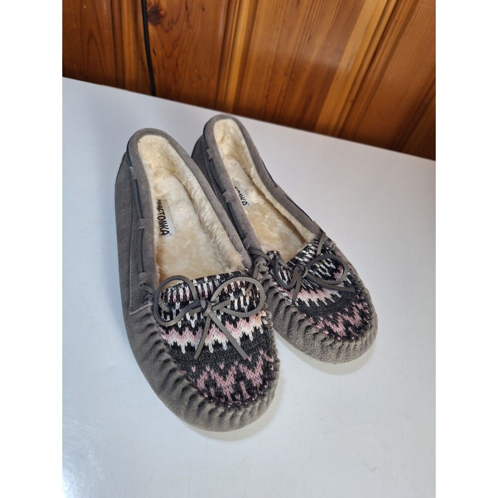 Minnetonka Moccasin Lined Slippers Womens 10 Suede Slip On Gray Pink 40407
